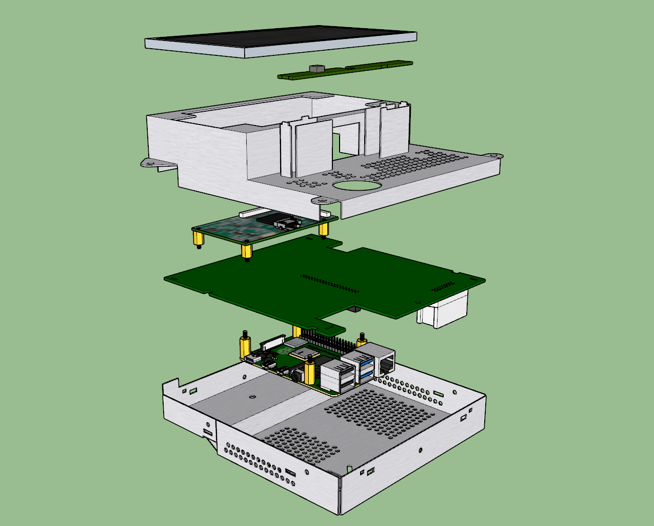 Exploded 3D model showing the stacked electronics, controls, and display